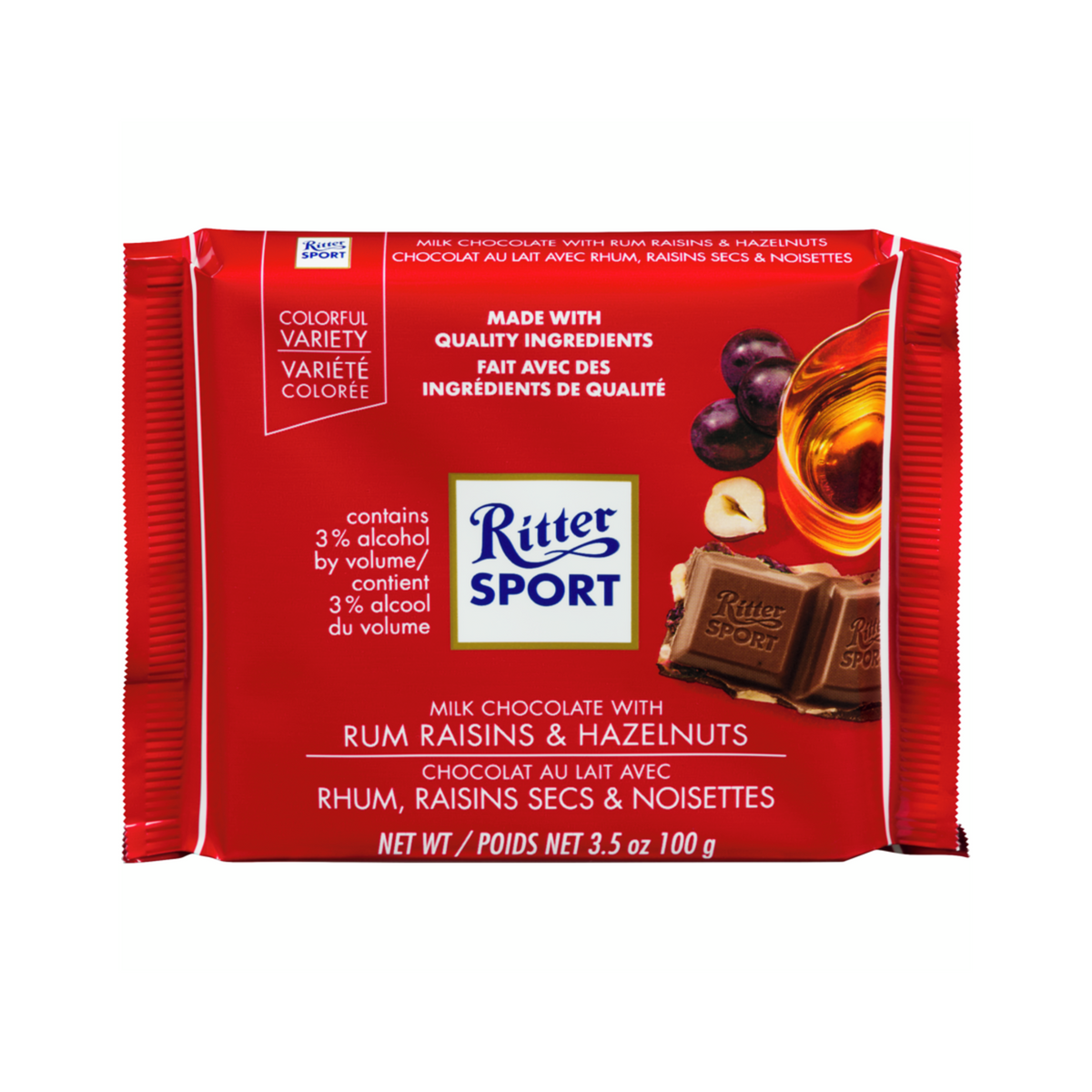 Ritter Sport Milk Chocolate with Rum Raisins & Hazelnuts 100g The